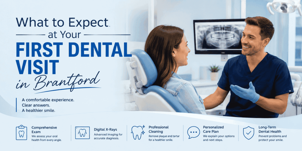 Patient during a first dental visit with a dentist in Brantford, Ontario, receiving an oral examination and consultation in a modern dental clinic.